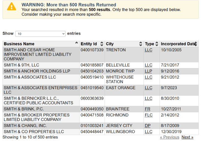 New Jersey Business Name Search Results