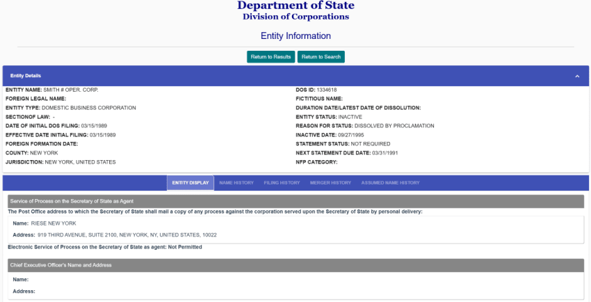 New York Business Entity Search Detailed Business Information