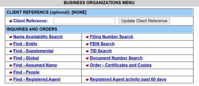 Texas SOSDirect Search Options