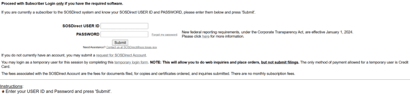 Texas SOSDirect Login